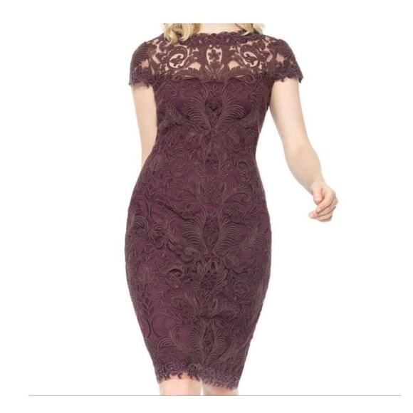 Tadashi Shoji Lace Dress Size 14 Brown Feminine Romantic Gala Sheath Midi Dainty - Picture 3 of 12
